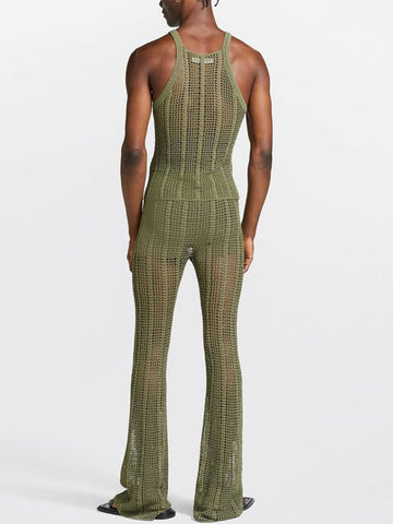 Streetwear Men Fashion Solid Knitted Outfit Summer Sleeveless Slim Tank Tops And Loose Pants Suit Mens Sexy Hollow Two Piece Set